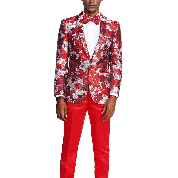 Red Floral Print Shawl Lapel Men's Jacket